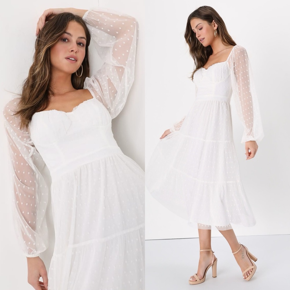 Lulus Affectionate Aura White Swiss Dot Tiered Bustier Midi Dress